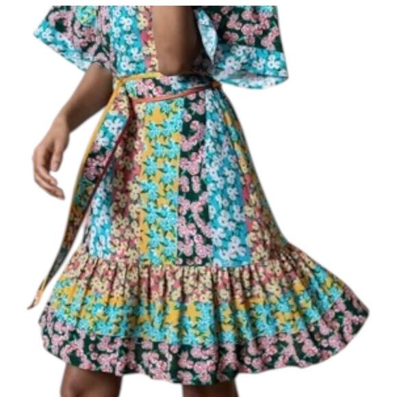 Emily Lovelock Multi Signature Print Floral Dress Belted Lined Knee 10-12 US - Picture 1 of 9